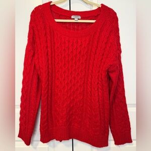 JCP Red Cable Knit Sweater Wool Blend Metallic Thread Crewneck Size L